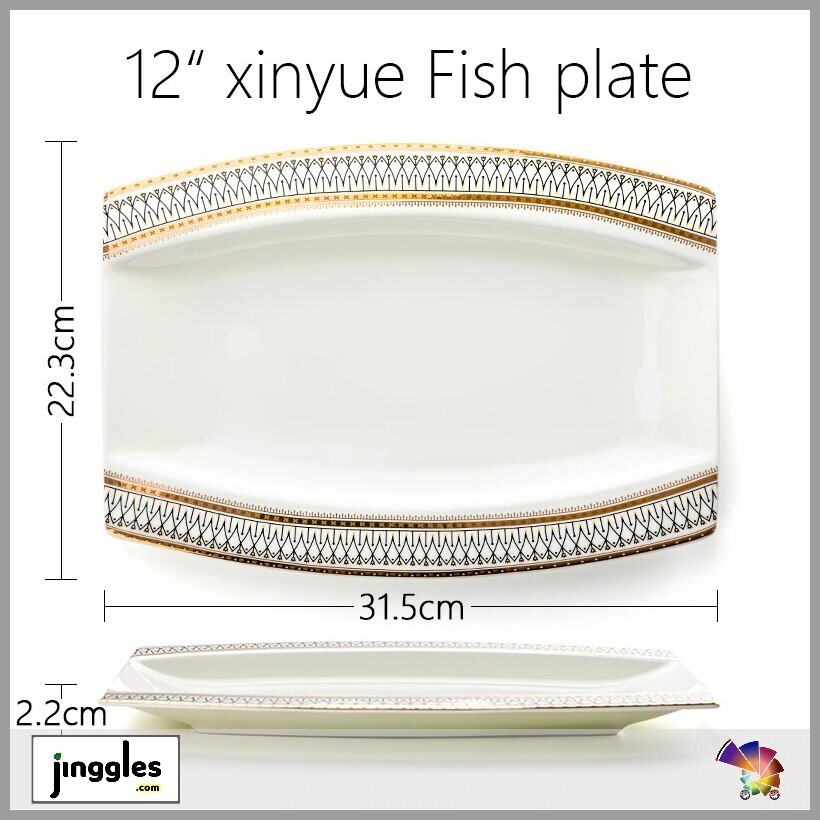 Cambodian Design Ceramic Dineware. Fine Bone. Gold Blue., Dineware Sets: Curry/Rice/Fish Plate 12&quot;. Size: (Oval) 31.5x22.3 cm.