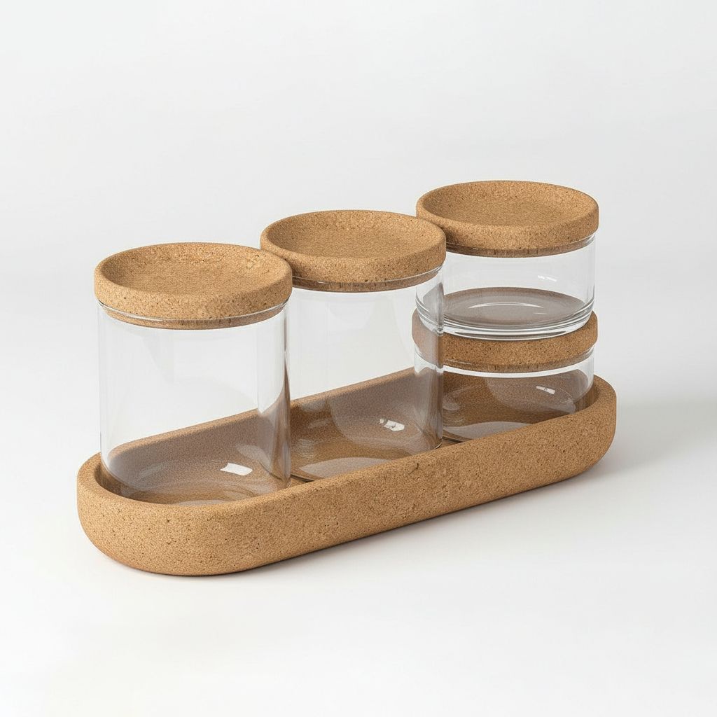 Glass Jars (4nos) with Cork Lids and Cork Tray. 5pcs/Set