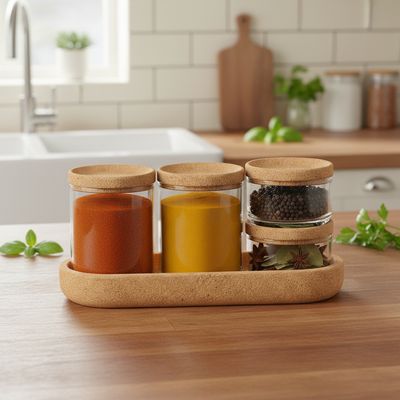 Glass Jars (4nos) with Cork Lids and Cork Tray. 5pcs/Set