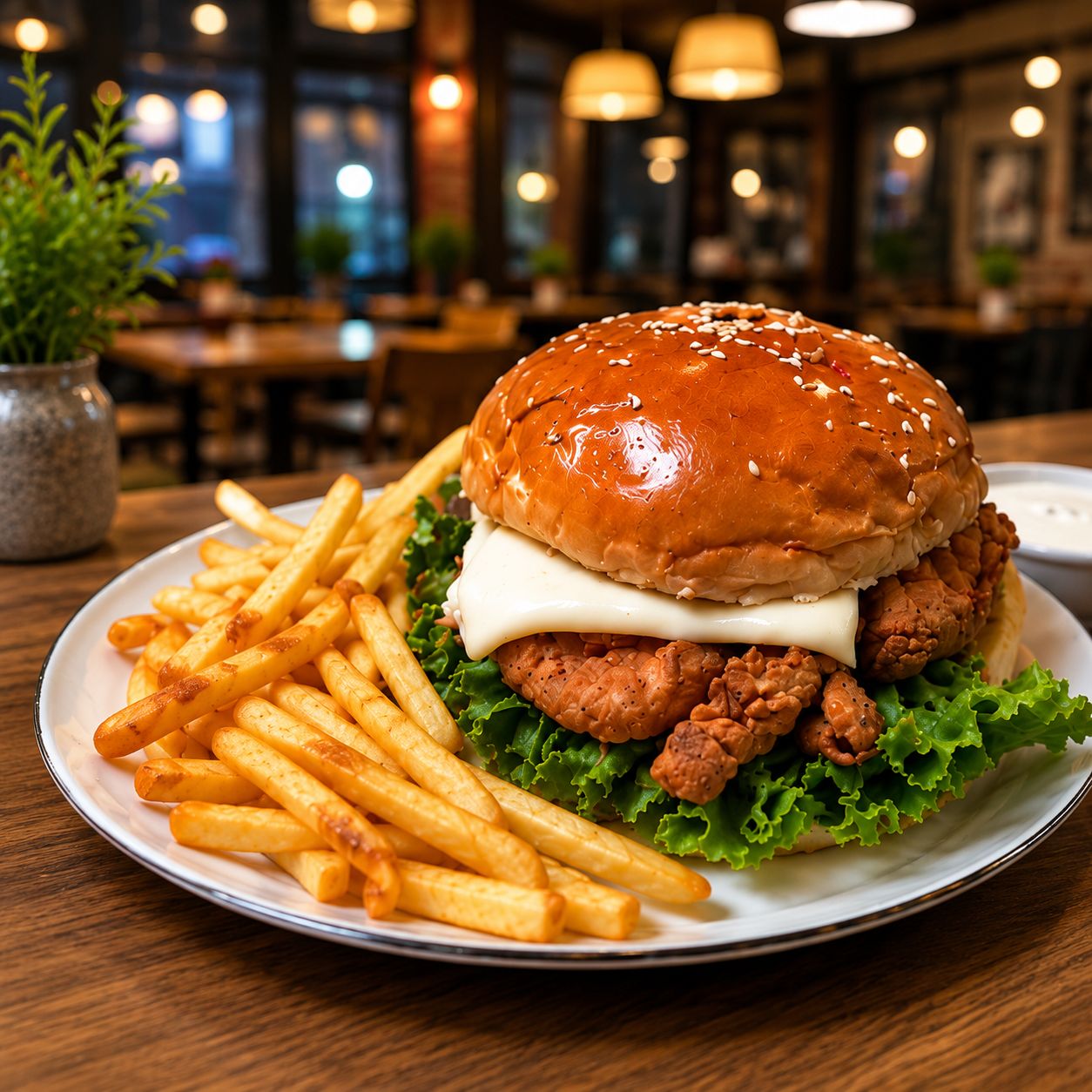 Chicken Fillets Burger with French Fries. Serving from 4xPerson and above