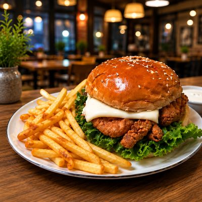Chicken Fillets Burger with French Fries. Serving from 4xPerson and above