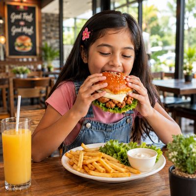 Chicken Fillets Burger with French Fries. Serving from 4xPerson and above