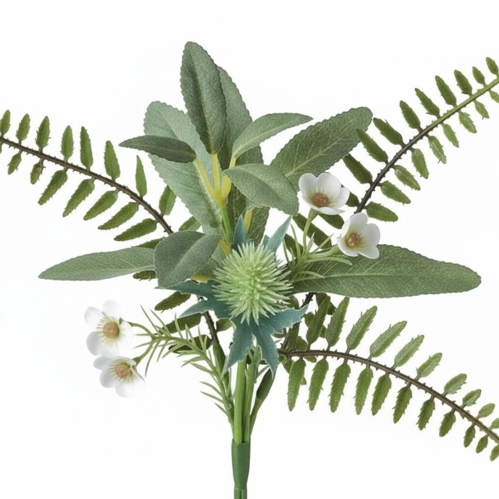 Artificial Bouquet with White Flowers and Mixer of Green Leaves