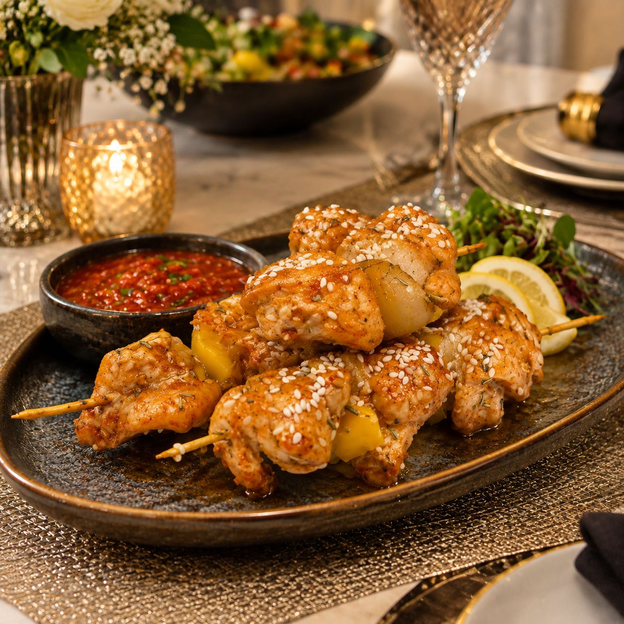 Chicken Fillets Skews Served with French Fries and Special Tomato Sauce.