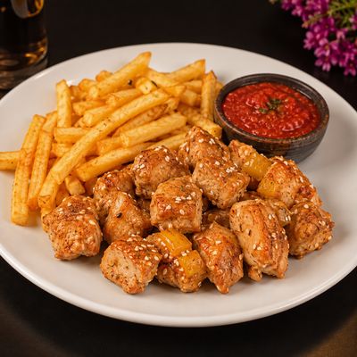 Chicken Fillets Skews Served with French Fries and Special Tomato Sauce.