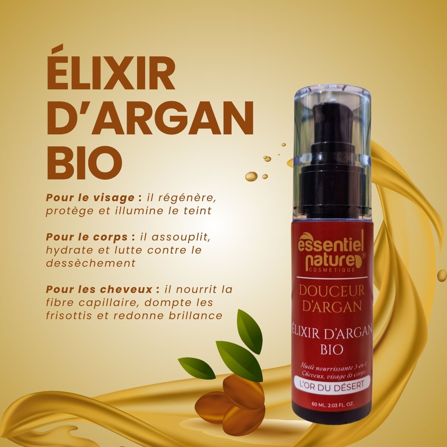 Élixir d’Argan Bio – Huile 3-en-1 nourrissante pour Cheveux, Visage & Corps