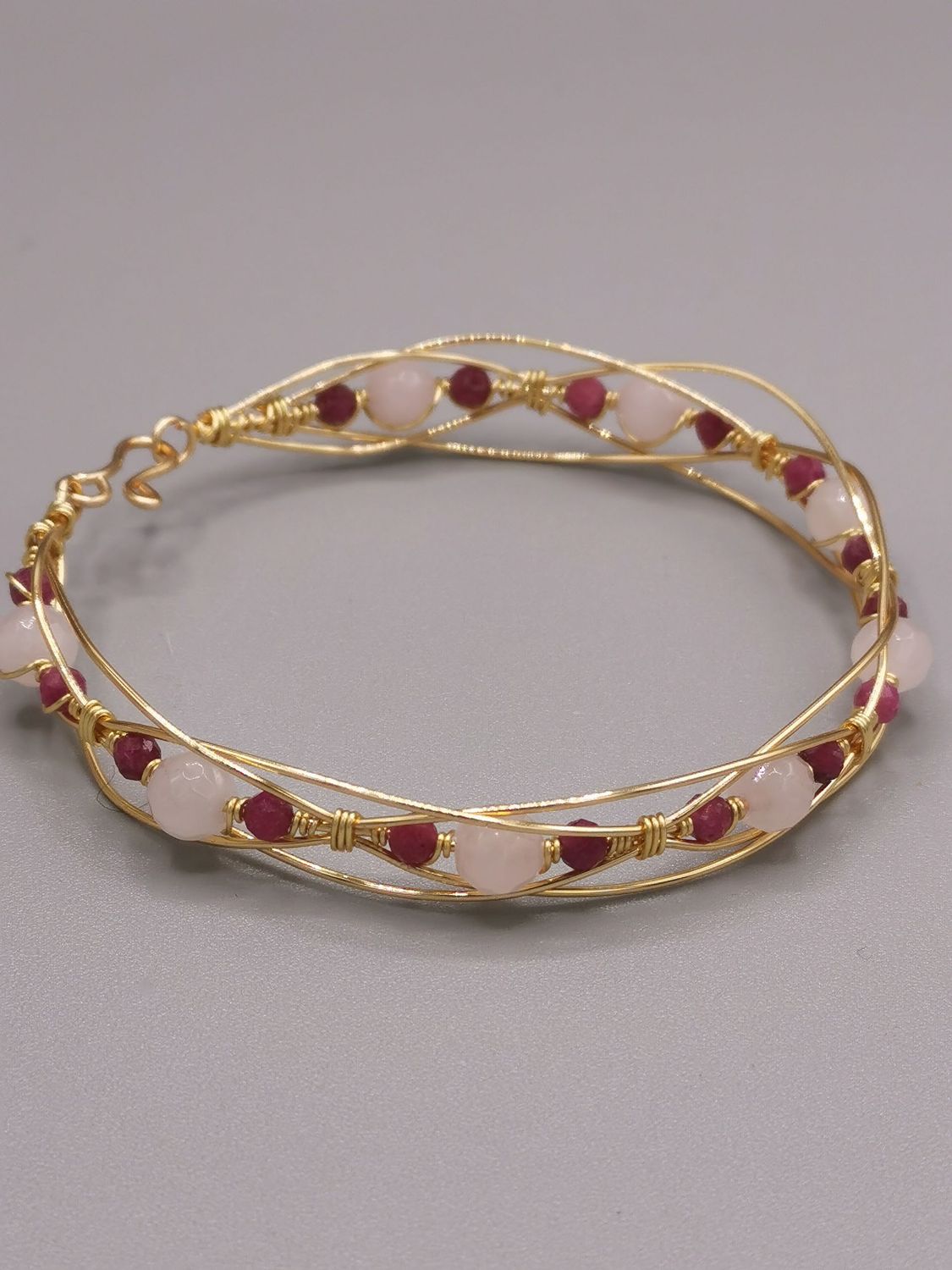 Bracelet tressé (frise) Rubis et Quartz rose