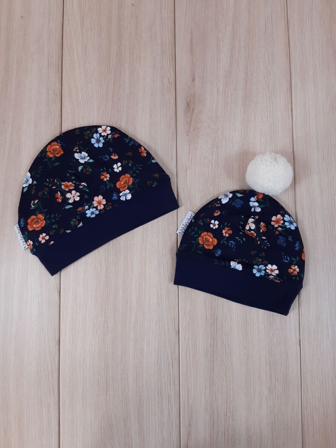warme Mütze - Blumen marine/rost - verschiedene Größen