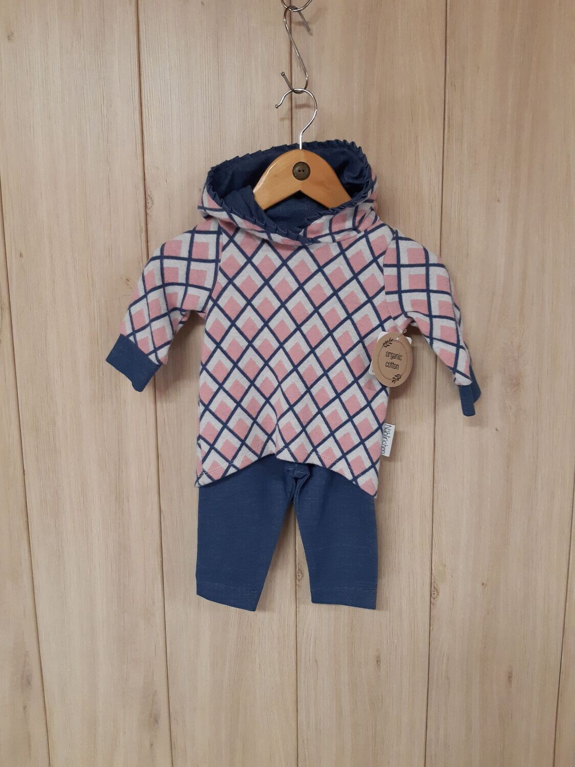organic Set Hose + Hoodie / Rauten rosa/jeansblau - Größe 68