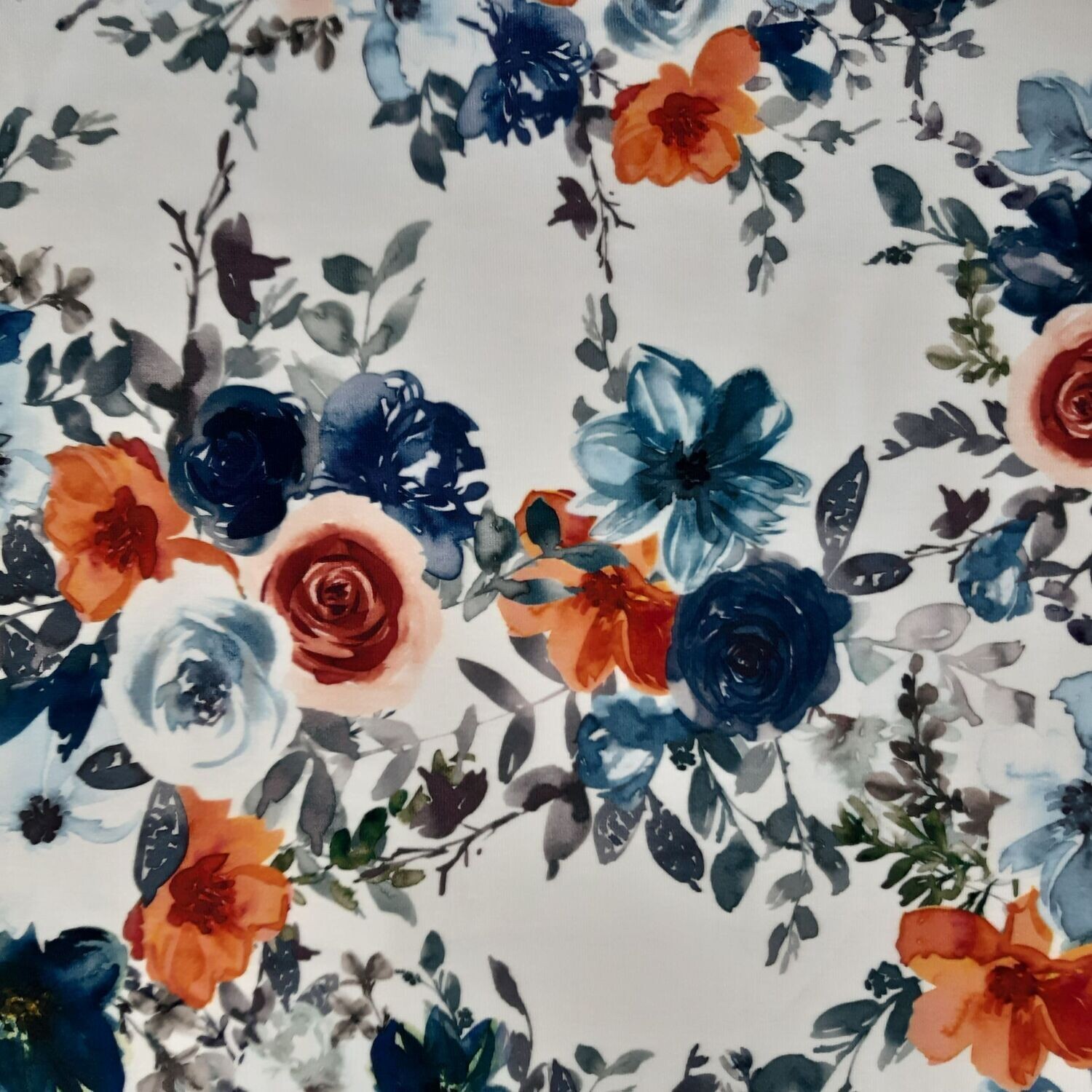 dünner Baumwolljersey Blumen blau/rost - Meterware