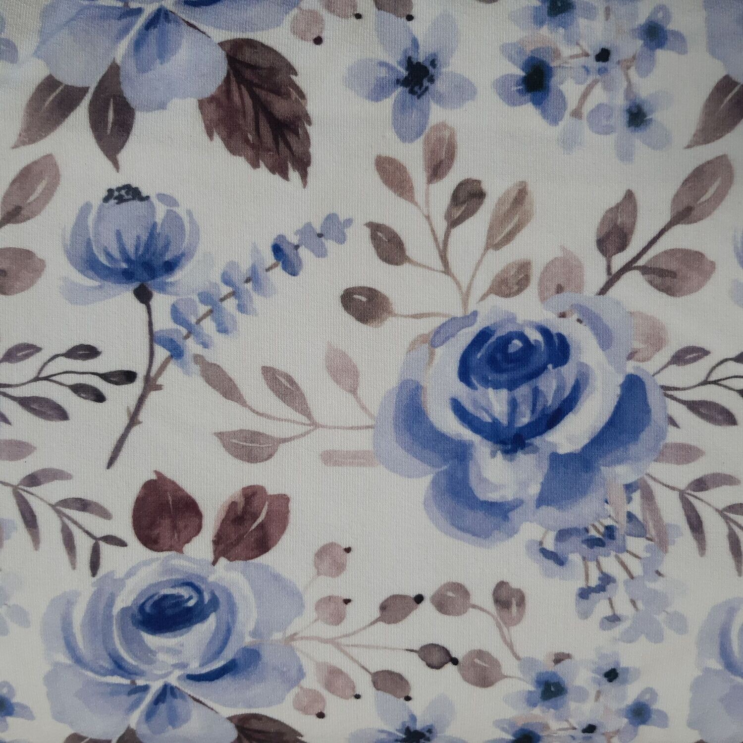 French Terry Blumen blau/taupe - Meterware