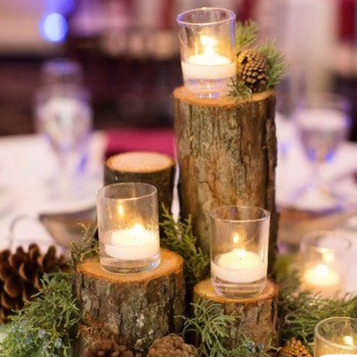 12 Sets of Natural Fresh Woodland Log Table Centre Piece Candle Holder Decoration Sets For Parties and Weddings