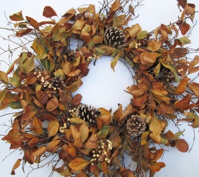 22&quot; Large Wreath Dried Wreath BEECH LEAVES Pine Cones Wreath Country Farm Home