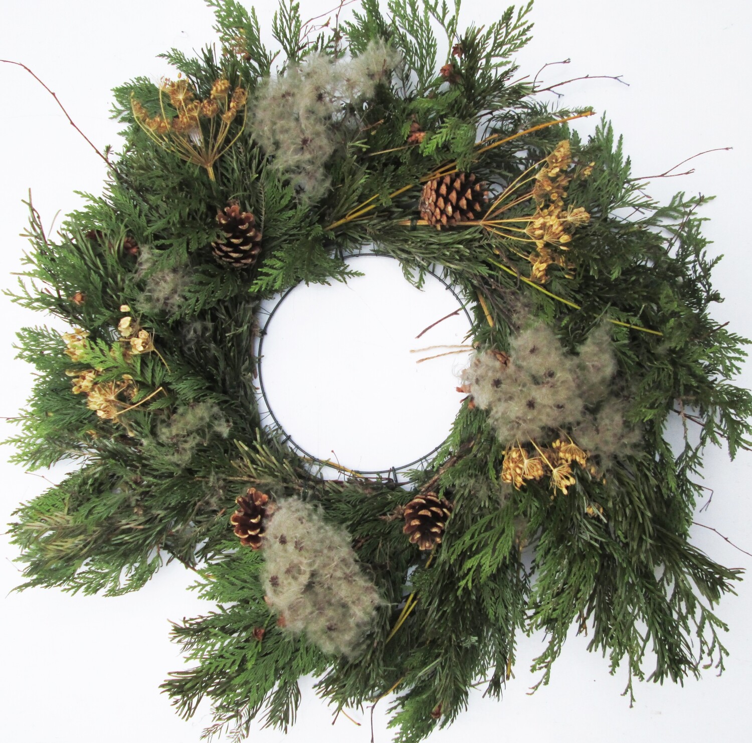 22" Large Handmade Fresh Woodland Christmas Wreath – Natural Green Cedar, Cones &amp; White Seed Heads