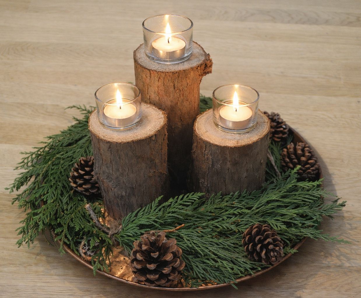 Natural Christmas Table Centrepiece – Fresh Cedar Logs, Foliage &amp; Pine Cone Woodland Decoration Set