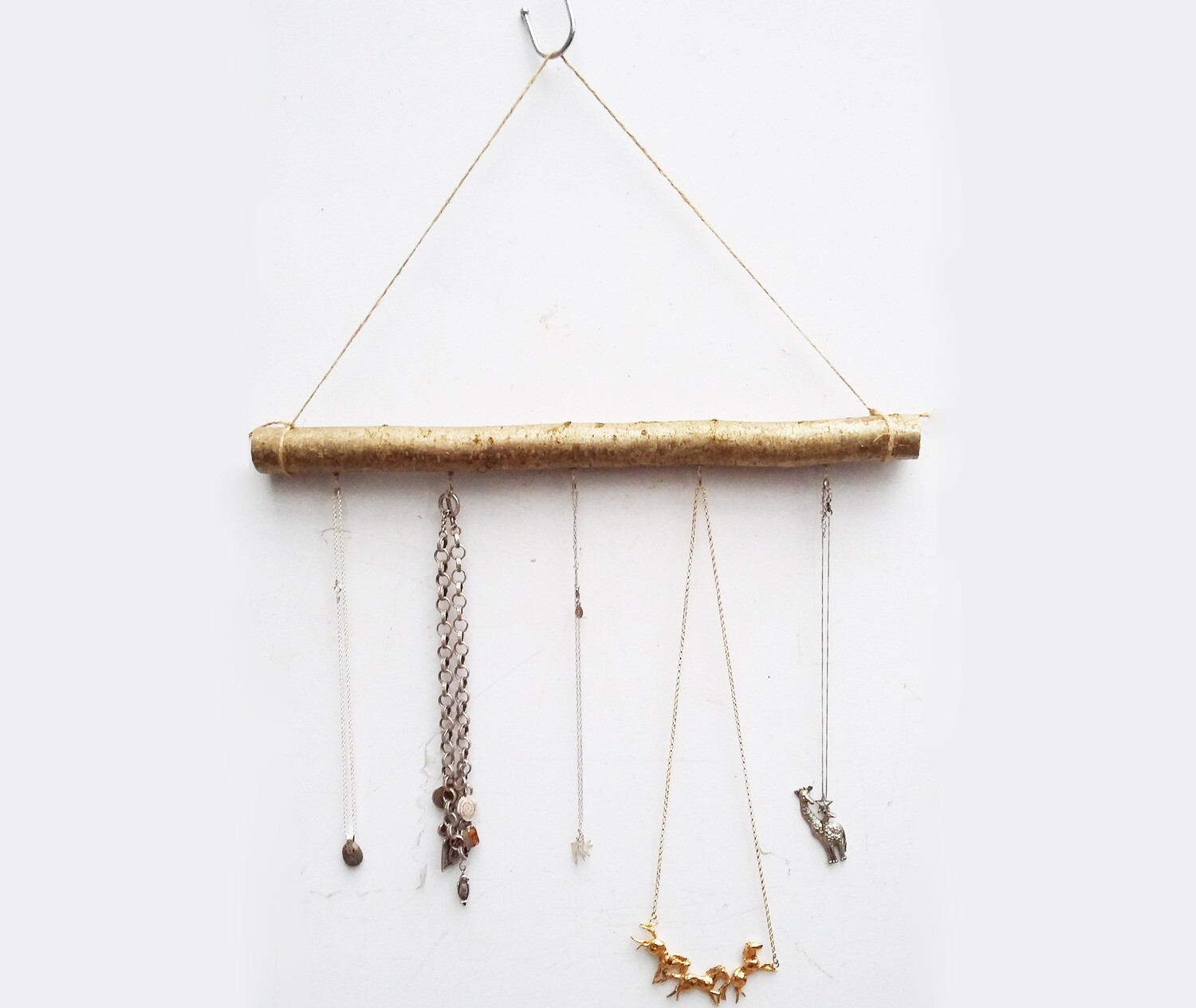 40cm Natural Hazel Branch Jewellery Organiser – 5 Hook Necklace, Bracelet &amp; Key Wall Hanger