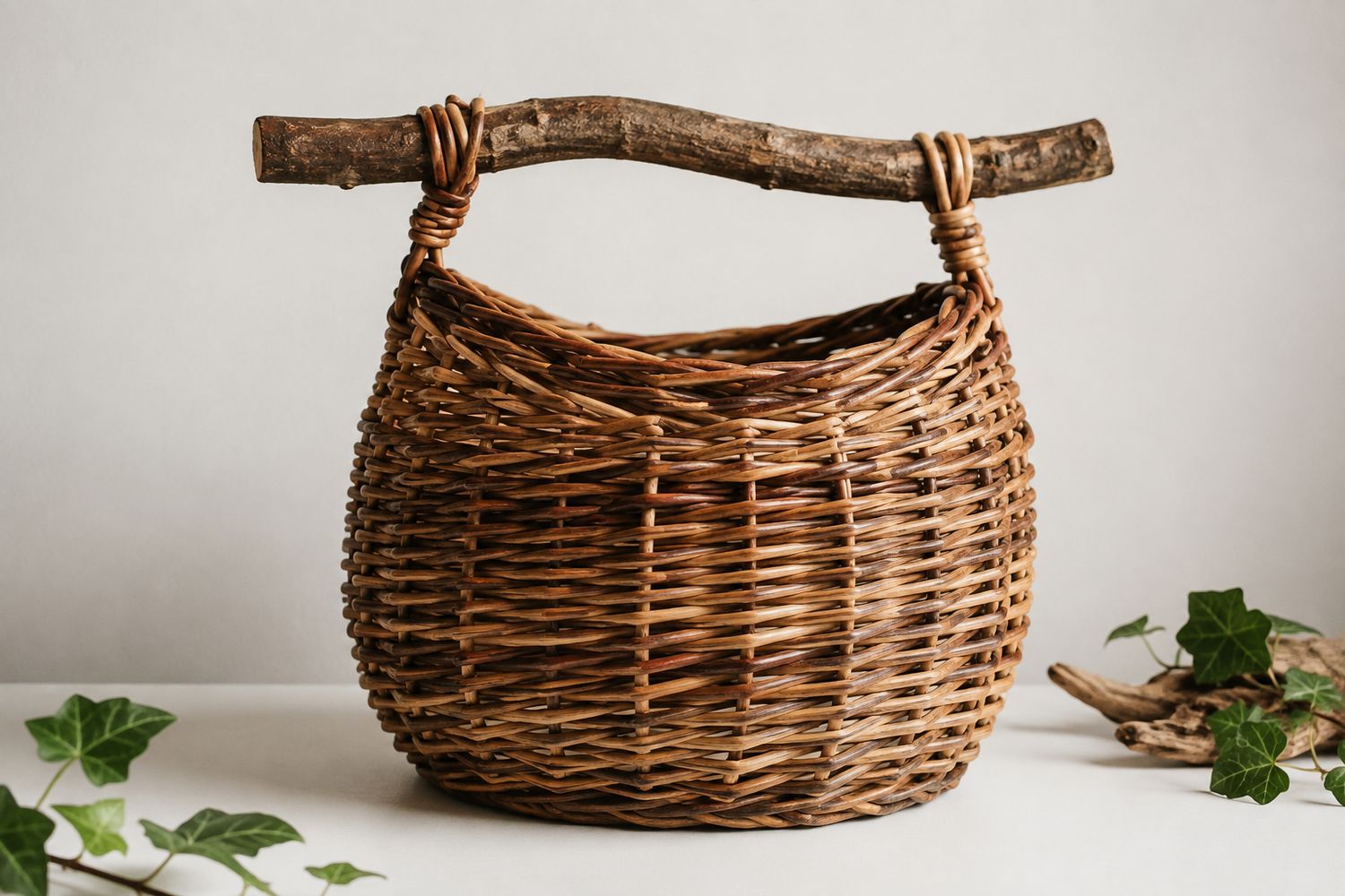 12" 30cm Natural Beech Branch Basket Handle – 3cm Thick Crooked Wood with Bark (Excludes Basket)