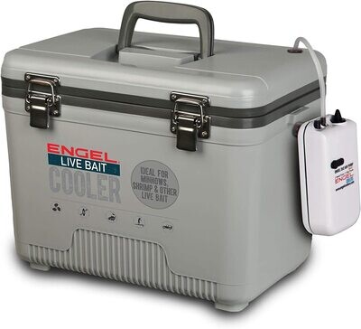 Engel Live Bait Cooler 30 Qt - w/rod holders, 2x2 Aerator Pump, Air Tube, Air Stone, DC Cord, - Gray