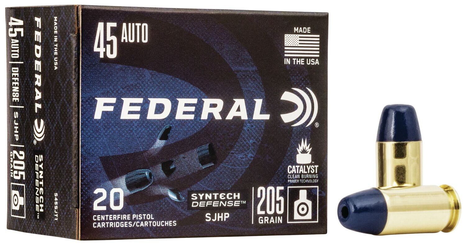 Federal S45SJT1 American Eagle Syntech Defense, 45 Auto 205 Grain, Segmented Hollow Point, 20 Rounds Per Box