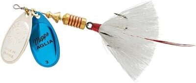 Mepps Double Blade Aglia In-Line Spinner, 5/16 oz, Dressed Treble, Silver/Blue Platinum Blades/White Tail