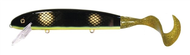 Musky Mania  Squirrely Jake Fishing Plug with Live-Action Tail, 9", 1 1/8 oz, Black Perch Stripe