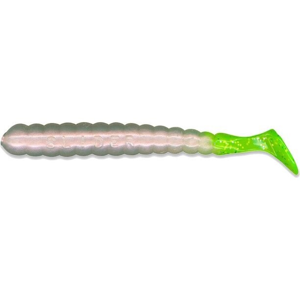 Slider SBGF35-W Bass/Walleye Grub 3" Pearl White/Chartreuse Tail