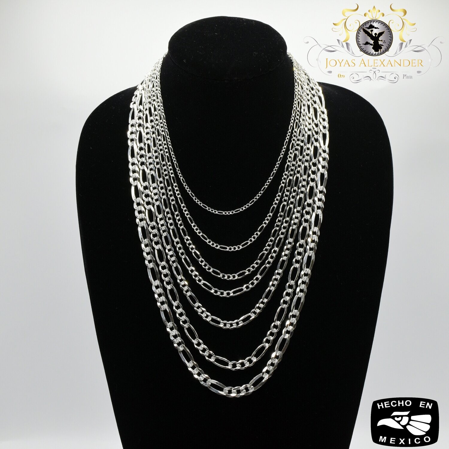 Sterling Silver Figaro Pave Chain Ladies Necklace Plata de Mexico Men&#39;s Solid .925 Cadena