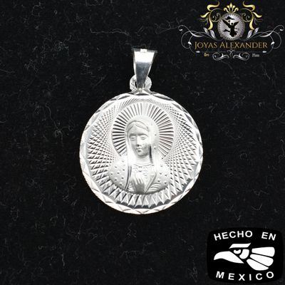 Sterling Silver Virgin Mary Round Medallion Diamond Cut Medalla de Virgin Maria