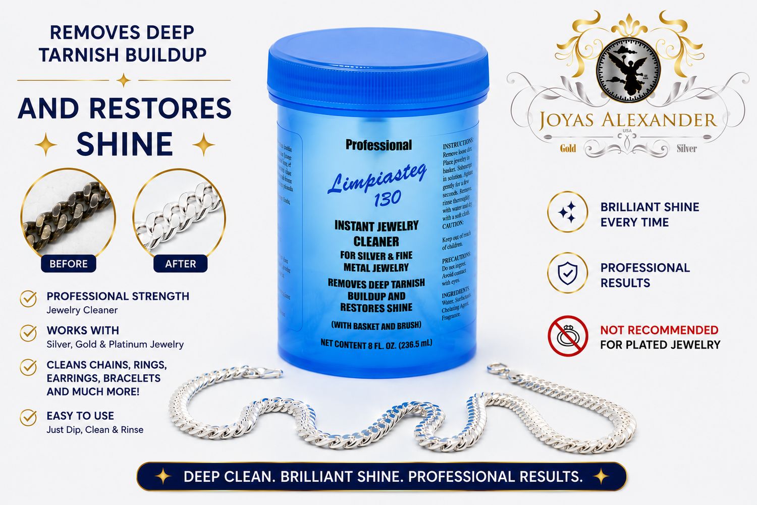 Instant Tarnish Remover Solution for Sterling Silver Gold Liquid Cleaner 08oz Limpiasteg 130