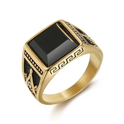 Europe And The United States Cross-border Hot Titanium Steel/stainless Steel Inlaid Black Agate Masonic AG Vintage Men&#39;s Ring