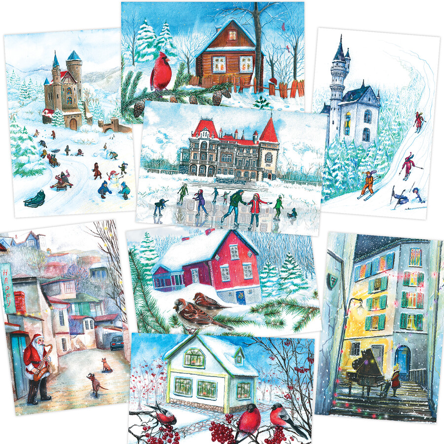 Зимние домики. 8 открыток