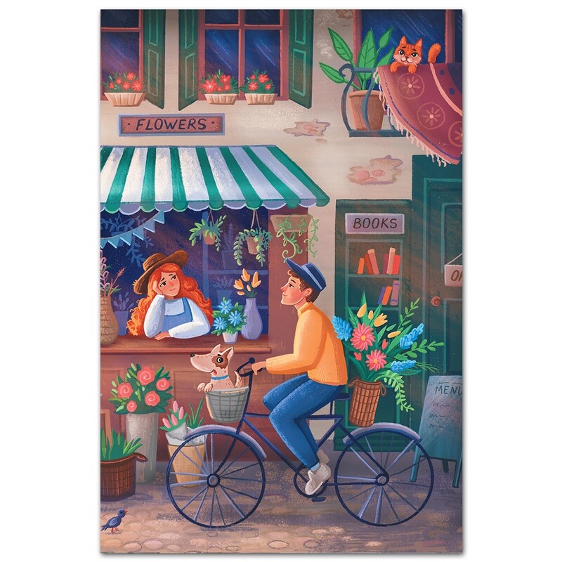 Цветочный магазин и доставщик на велосипеде