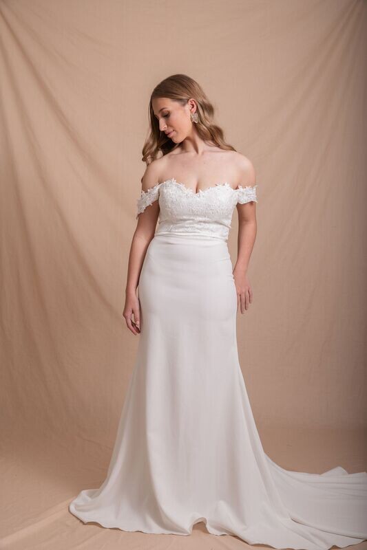 NIMAH - Crepe fit and Flare Off the Shoulder Wedding gown