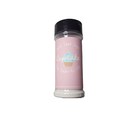 Image of a cylindrical powder shaker container with a perforated top for dispensing. It has a pale pink label with a cupcake picture, with white text, wrapped around the body featuring product information.