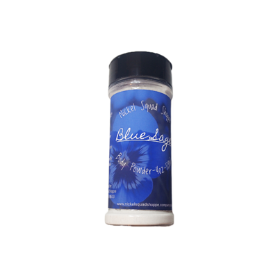 Image of a cylindrical powder shaker container with a perforated top for dispensing. It has a vibrant blue label and white text around the body featuring product information. 