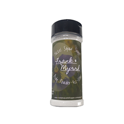 Image of a cylindrical powder shaker container with a perforated top for dispensing. It has an olive green with white text on the label around the body featuring product information.