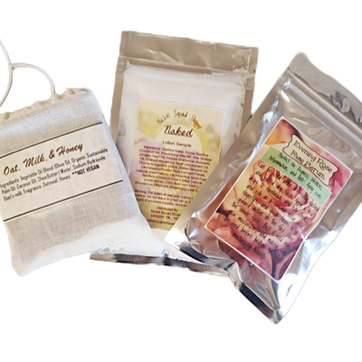 Variety of sample-size skincare and bath products