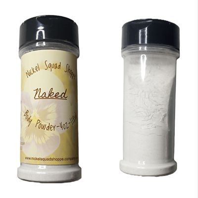 Two bottles of body powder. One has a black lid and a neutral-colored label with brown text; the other is unlabeled, showing white body powder inside.