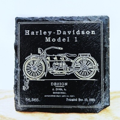 Harley Davidson Model 1 Motorcycle 1919 Patent Drawing Slate Coaster Laser Etched