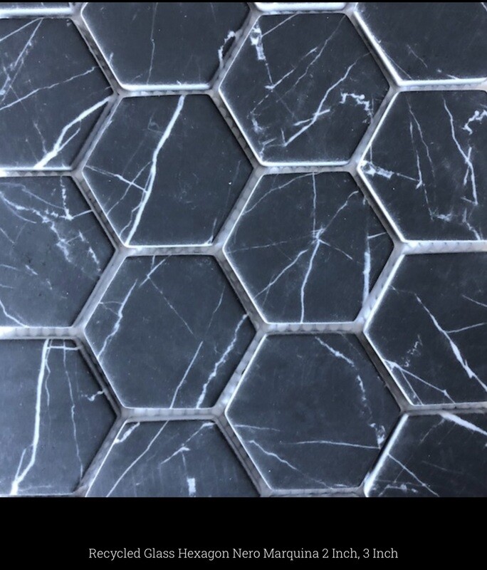 Recycled Glass 2" Nero Marquina Hexagon (Saltillo) $17 SQFT also available in Calacatta, Carrara & Statuario