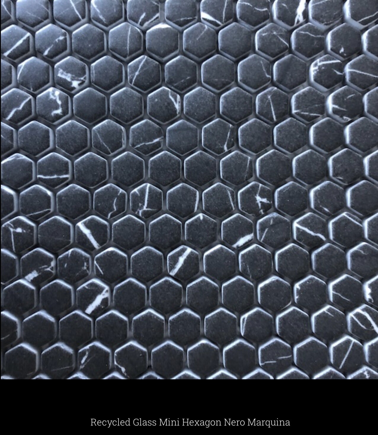 Recycled Glass Nero Marquina Penny Round (SL) $17 SQFT  also available in Carrara, Statuario and Calacatta