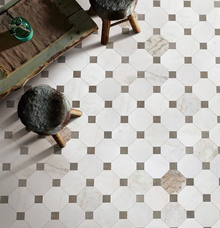 Valentino Bianco 6&quot; Octagon with Latte Dot Marble Mosaic (GD) $25.50 SQFT