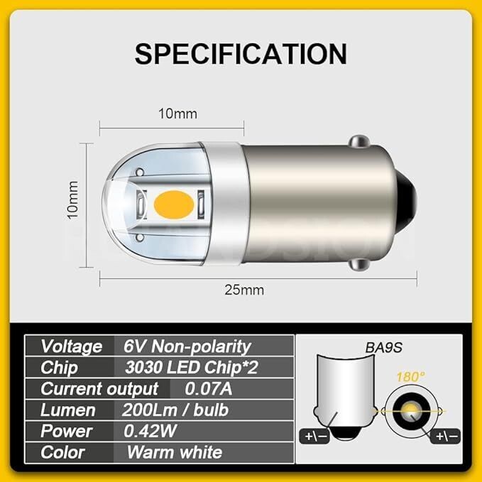 Led pilot Lampje 6V (geen polariteit) Warm wit. Fitting BA9S. Ook geschikt als tellerlampje. Led pilot Lampje 6V (geen polariteit) Warm wit. Fitting BA9S. Ook geschikt als tellerlampje.