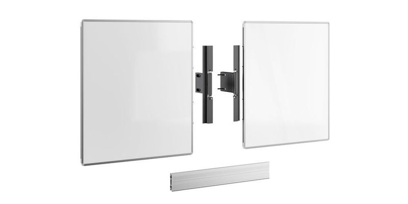Vooraanzicht van de Optoma RISE A216 whiteboardset gemonteerd naast een 65-inch display