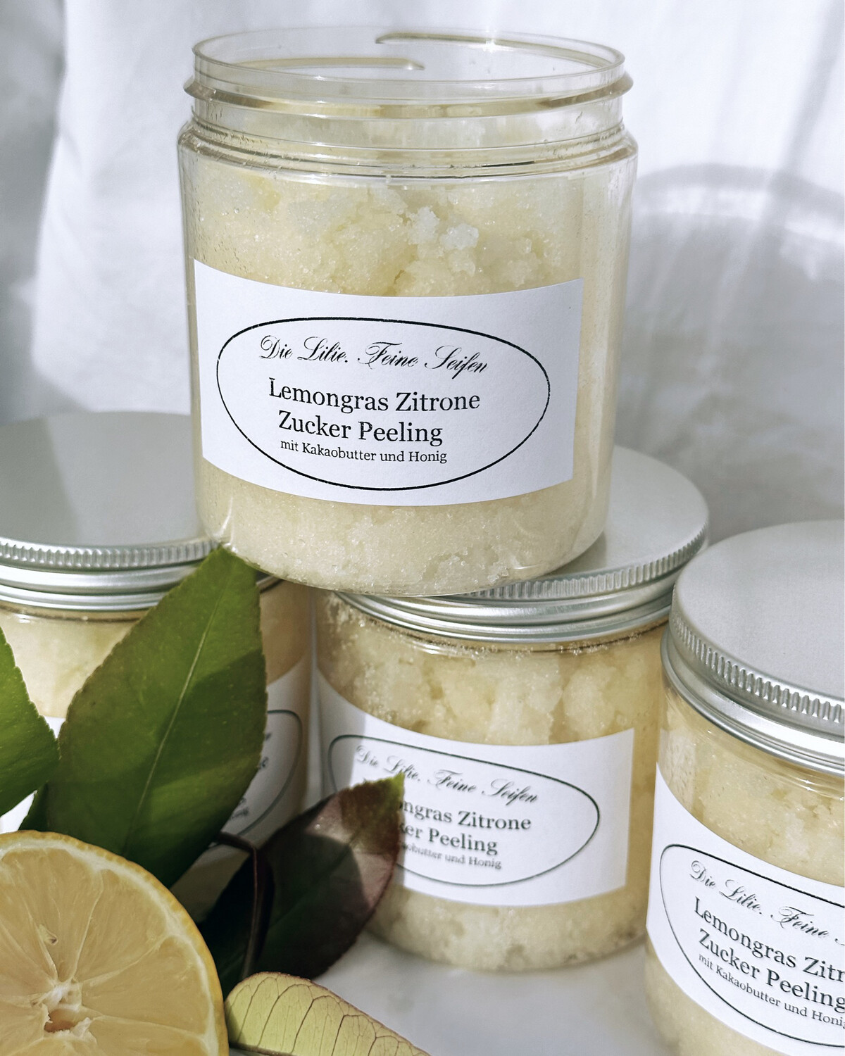 Natürliches, mildes Honig Zuckerpeeling Lemongras Zitrone, ohne Mikroplatik, umweltfreundliche Verpackung PET aus Recyclingmaterial