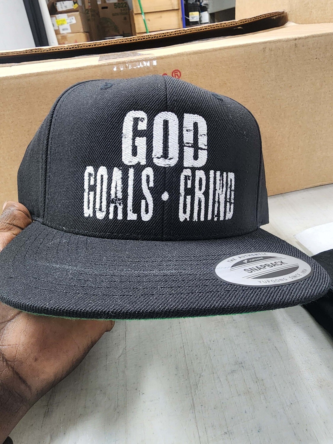 GOD - GOALS - GRIND (HAT) BLACK with WHITE THREAD