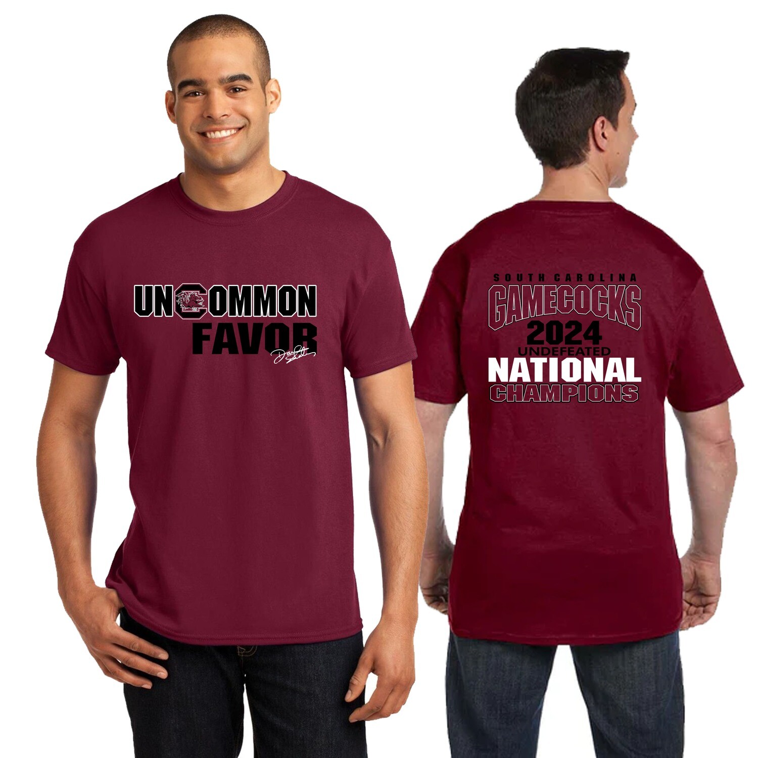 &quot;UNCOMMON FAVOR - GAMECOCK CHAMPIONSHIP&quot; (UNISEX) SHORT-SLEEVE *NOTE: DUE TO THE HIGH DEMAND, ALL ORDERS ARE ABOUT 10-14 BUSINESS DAYS TO FILL (PLUS SHIPPING TIME). ORDERS ARE FINAL.