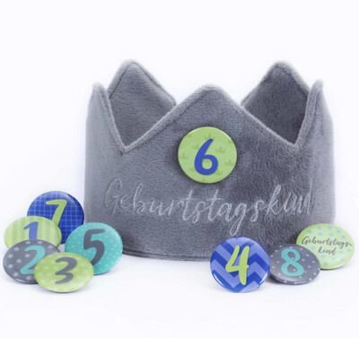 Geburtstagskrone mit Buttons – Grau