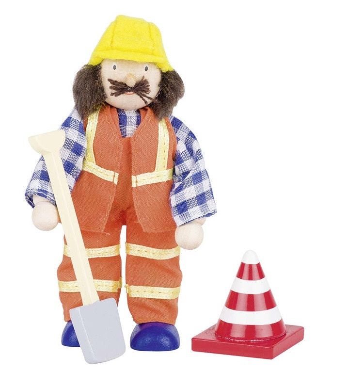 Goki 51629 Biegepuppe Bauarbeiter, mit Spaten und Verkehrskegel.