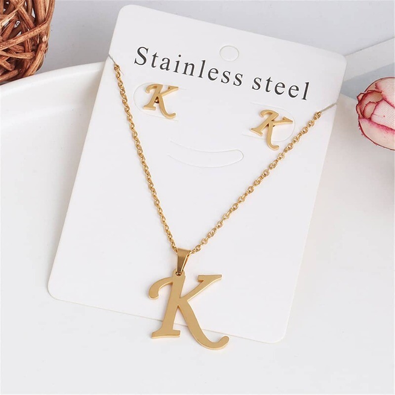 Stainless Steel A-Z Alphabet Pendant Necklace (Plus Free Matching Earrings)